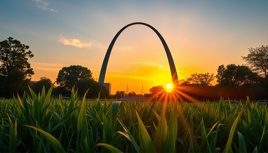 Sunrise over Gateway Arch, St. Louis Tourism highlight.