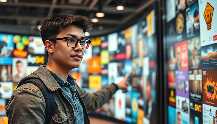Man engaging with a collage of ads, illustrating AI tools for creative agency.