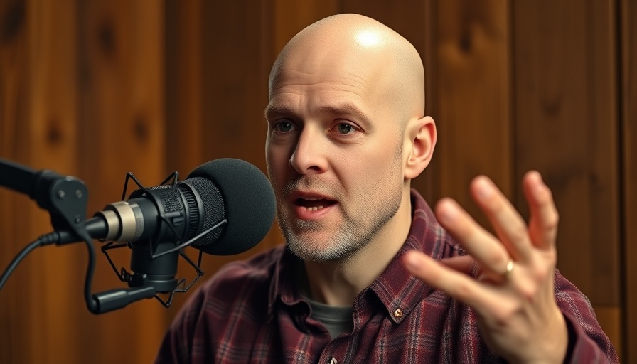 AI Agents Enhance Your SEO: Bald man podcasting with expressive gesture.