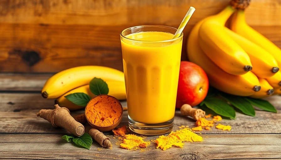 Healthy food smoothie with banana and turmeric on rustic table.