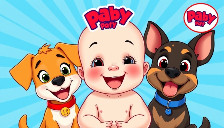 Cute animated baby and dogs enjoying children fun, vibrant background.