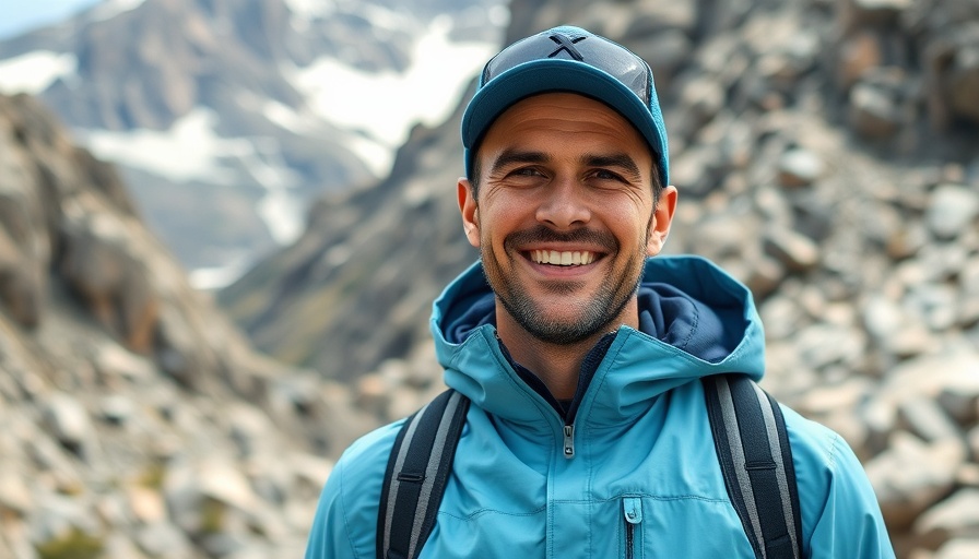 Outdoor enthusiast smiling brightly in mountain setting.
