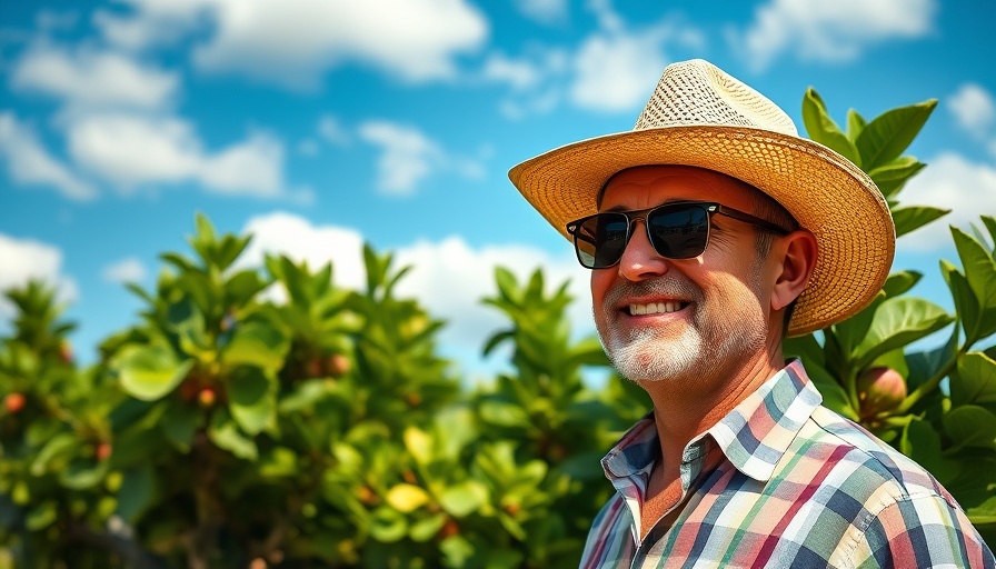 Man enjoying fig orchard under bright sky, best time of year for high quality figs.