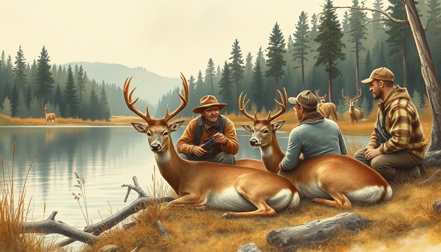 Rustic painting of hunters with deer by a stream in a forest.