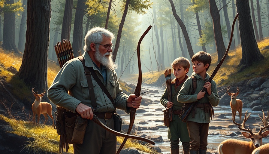Mentoring young hunters in a natural woodland setting near a stream.
