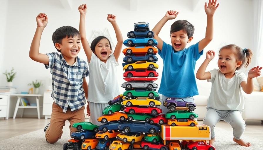 Children playing with stacked toy cars in a bright, minimalist room.