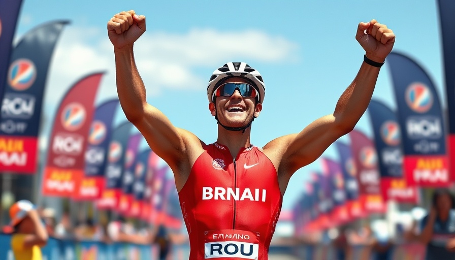 Triathlete celebrating triumph in Kona with race banners.