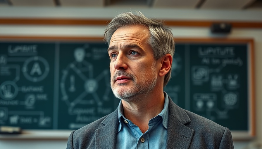 Mature speaker discussing Decision Agents in AI in front of a blackboard.