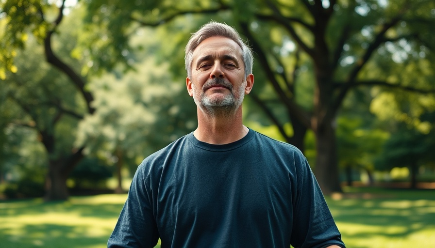Man practicing anxiety relief techniques with guidance in a tranquil park.