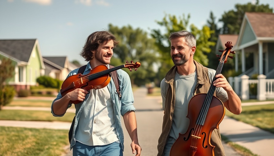 Two musicians with a violin walking in a suburban area during the Black Violin Full Circle Tour.
