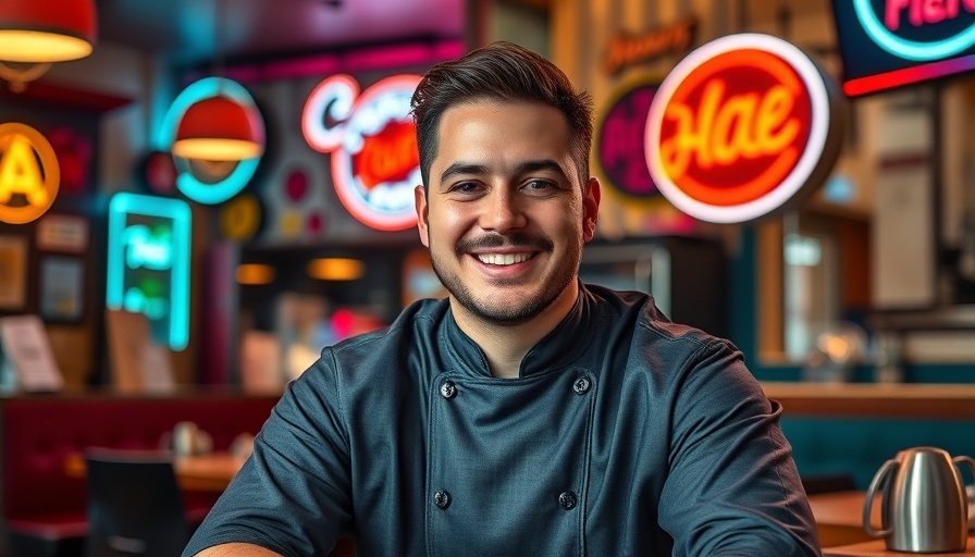 Smiling chef in cozy restaurant under neon lights, Chicago Marathon and Community Connection.