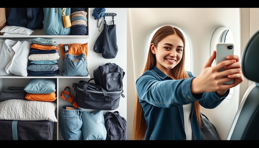 Collage of travel preparation with packed items, selfie, airplane view.