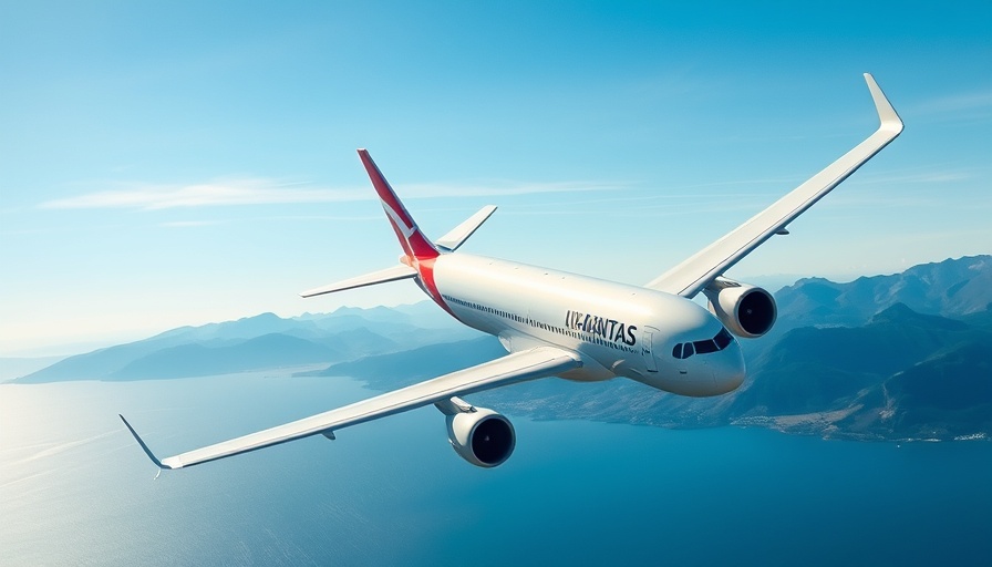 Qantas airplane in flight against blue sky and mountains.