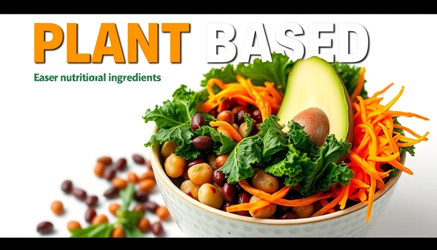 Plant-based diet ingredients with beans, kale, and avocado.