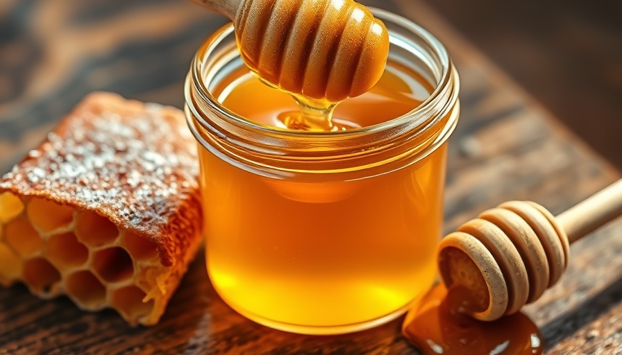 Golden honey jar with dipper and honeycomb on wood - Natural Sweeteners Sustainability.