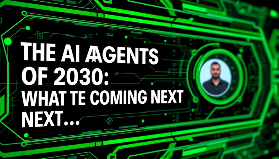 AI agents in 2030: futuristic tech-themed design with text and circuit patterns.