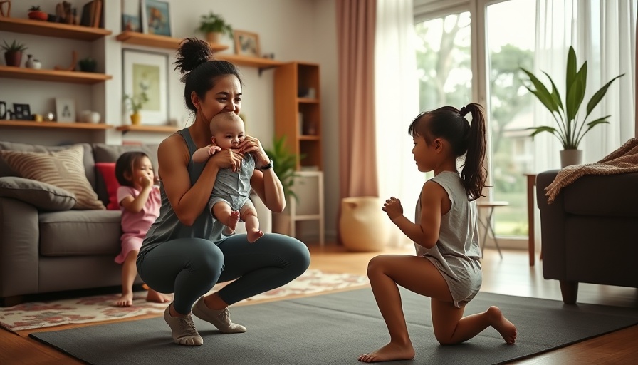 Home workouts for busy moms with kids engaging, lively living room.