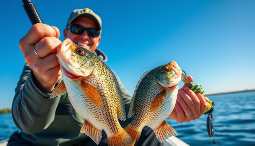 Fisherman with crappies on a lake boat under a clear sky.