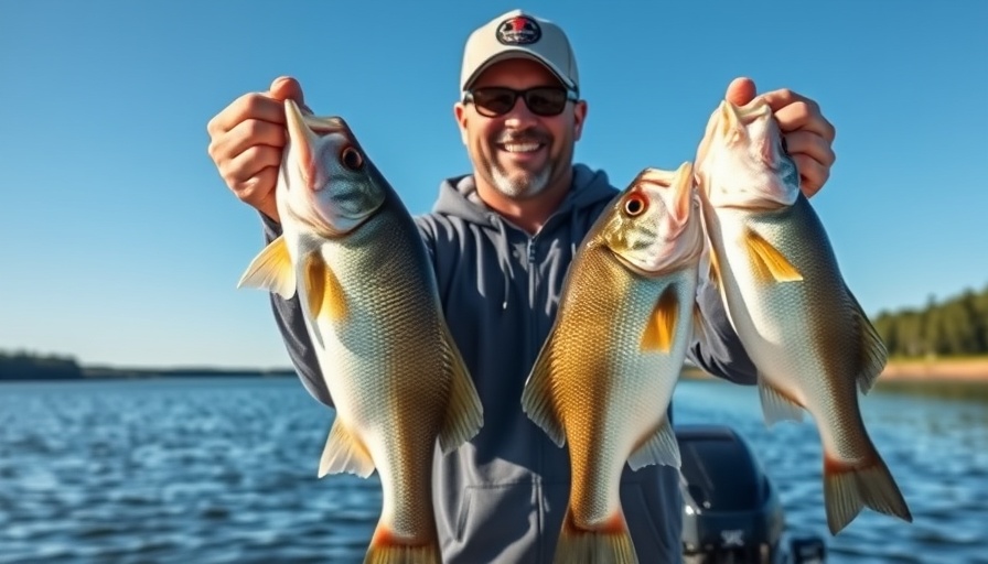 Smiling fisherman with crappie tips, holding four large fish on a lake.