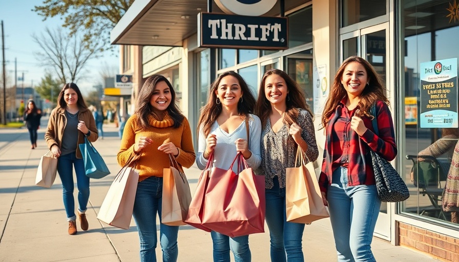 Thrift and Upcycling Club members outside a thrift store, smiling with shopping bags.