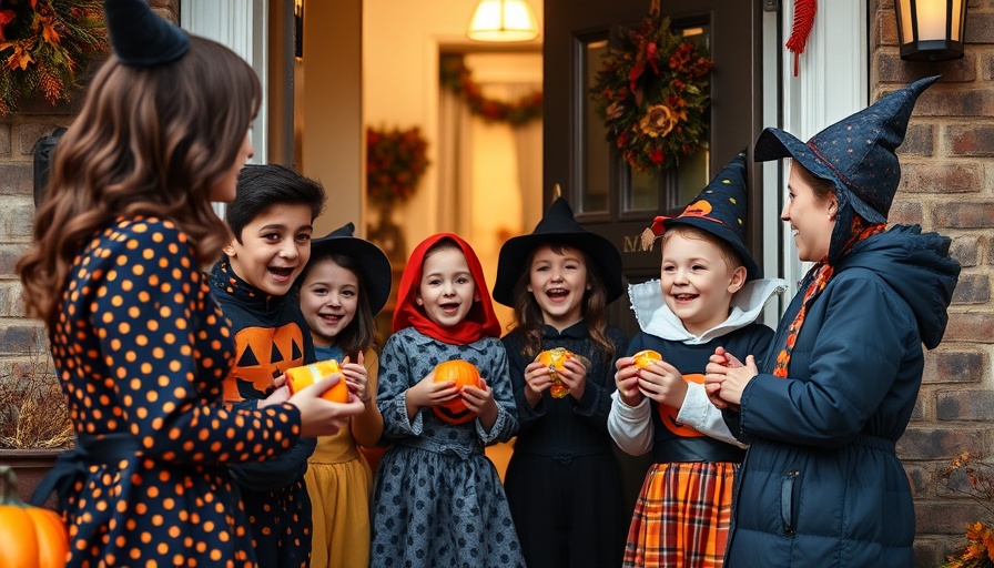 Children dressed for Halloween receiving candy, highlighting Halloween candy sustainability.