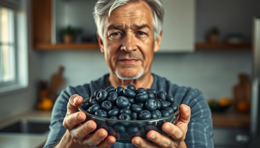 Person presenting blueberries to nourish the body in a kitchen setting.
