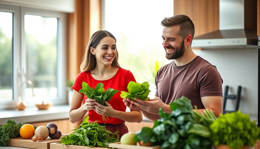 Couple enjoying plant-based eating in bright kitchen, preparing vegetables