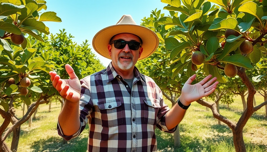 Man giving fig tree pruning tips in sunny garden setting.