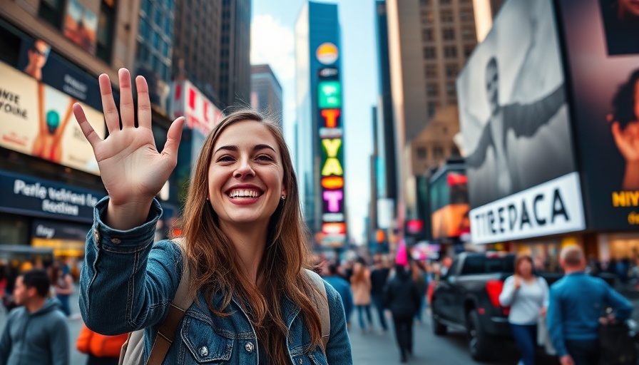 Cheerful woman in bustling NYC Times Square streets.