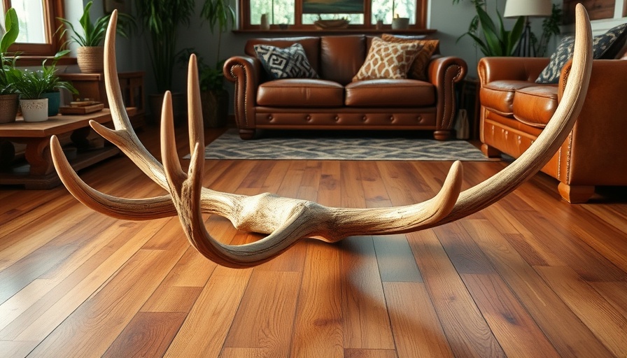 Impressive elk antler displayed in a rustic setting.