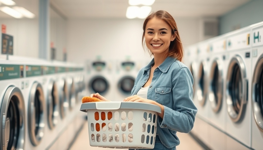 Smiling woman with laundry basket in laundromat practicing eco-friendly laundry.