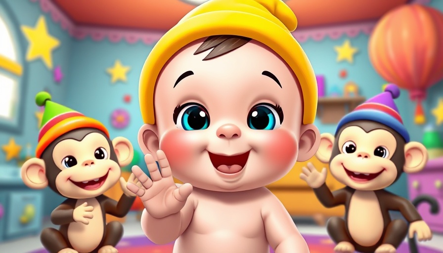 Children Fun cartoon baby and monkeys partying with colorful hats.