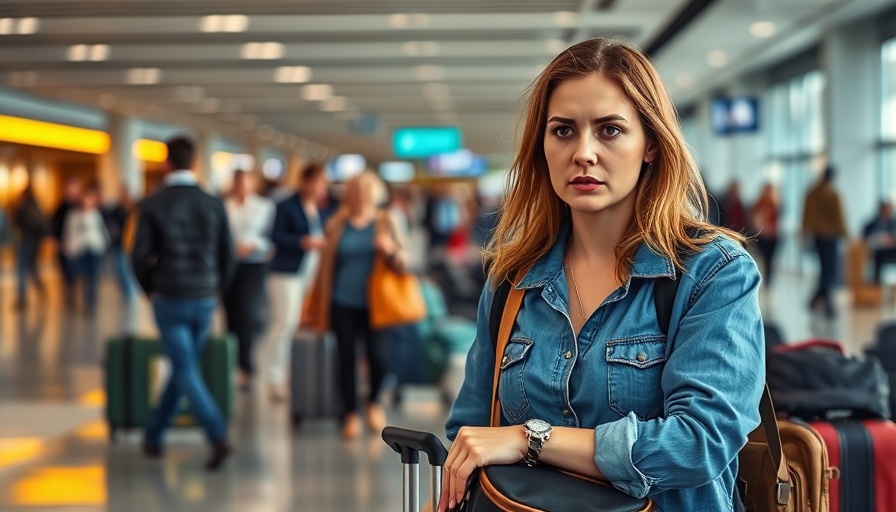 Frustrated traveler in airport highlights security mistakes.