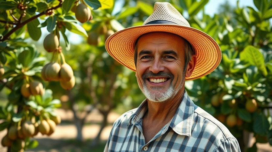 Man in sunhat near fig trees, discussing best time to prune.