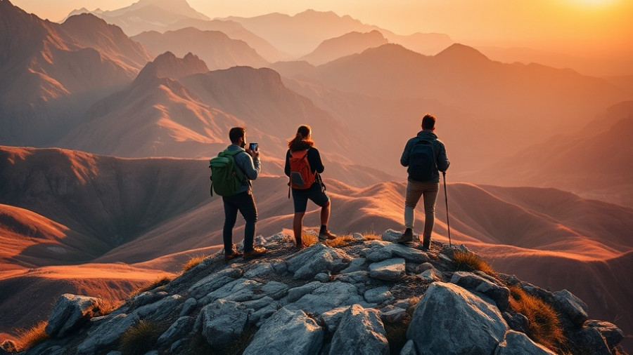 Hikers during sunset on rocky hilltop, fall gear focus.
