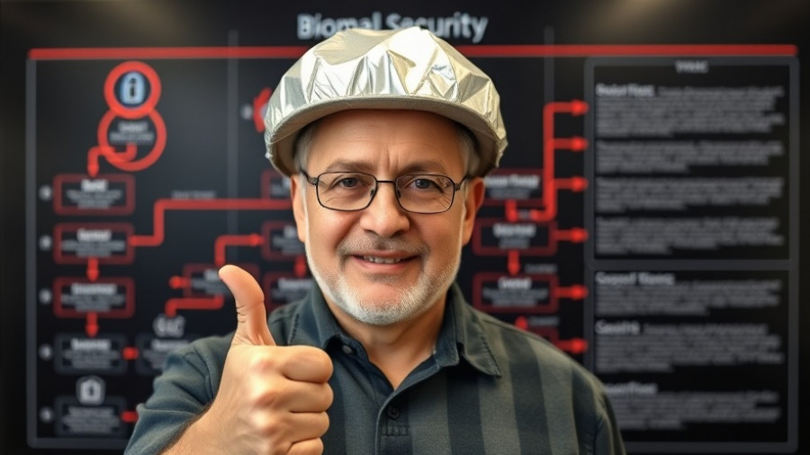 Man with foil hat in front of biometrics security flowchart.