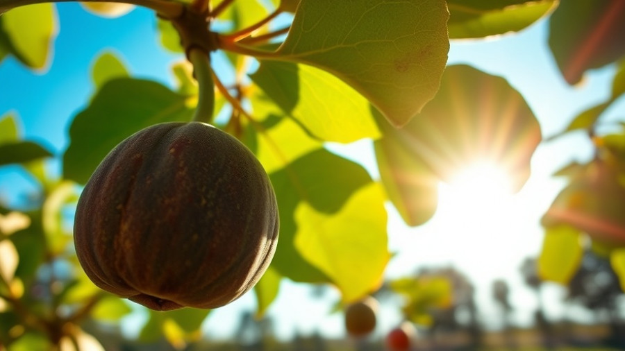 Close-up of fig tree with ripe fruit in sunlit garden.