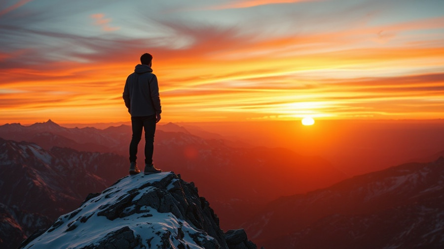 Man stands on Colorado new 14er peak at sunset with tripod and hiking gear.