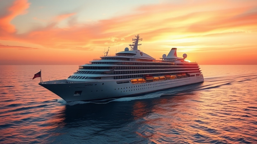 Luxury cruise ship at sunset, free first class air travel Regent Seven Seas Cruises.