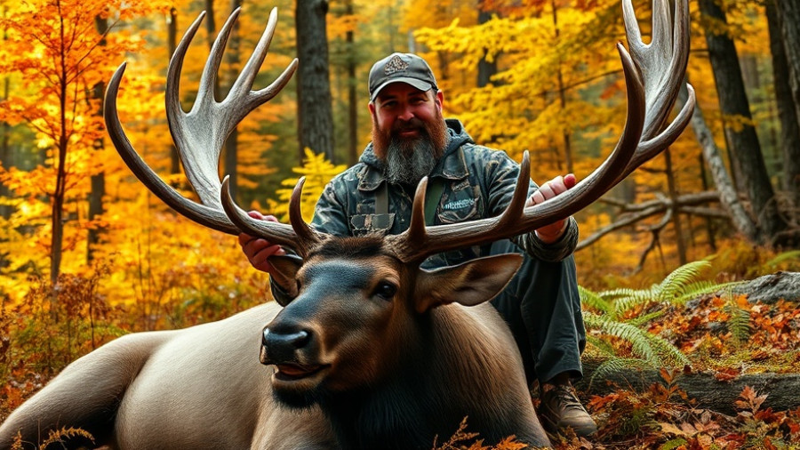Rare cactus bull elk hunting scene with hunter in forest.
