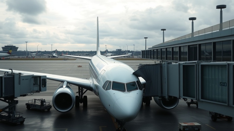 Airplane at airport gate with Starlink in-flight Wi-Fi, cloudy sky.