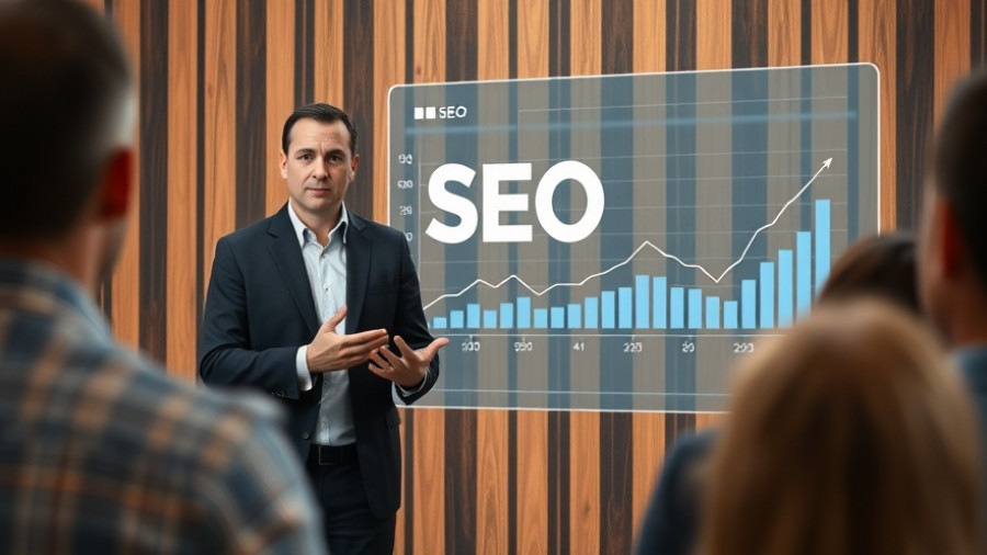 Presenter discussing SEO marketing strategies with graph overlay.