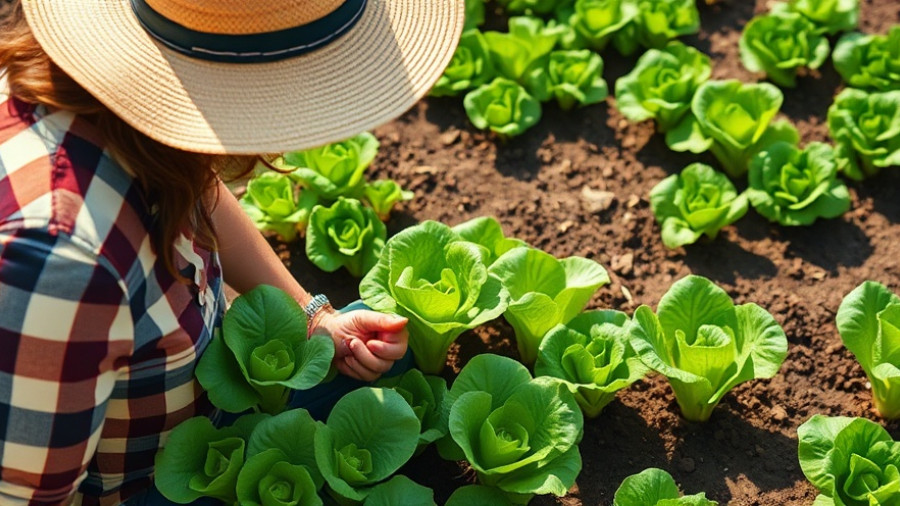 Gardener inspecting lettuce seedlings in garden bed