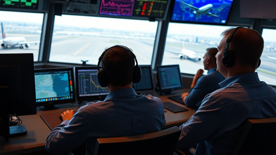 Air traffic controllers in control tower managing airport operations with screens.