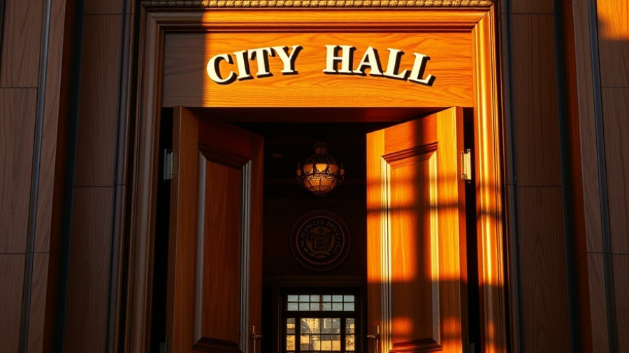 Warmly lit city hall entrance with shadowed 'City Hall' text.