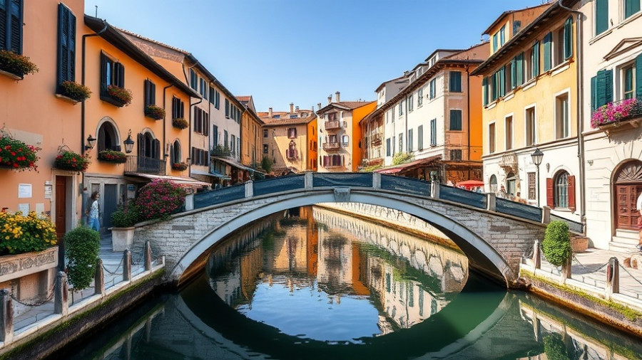 Sustainable tourism in Treviso: Quaint canal scene with lush greenery and buildings.