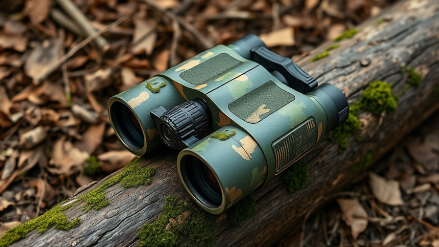 Vortex Optics Mossy Oak Bottomland binoculars on forest floor.