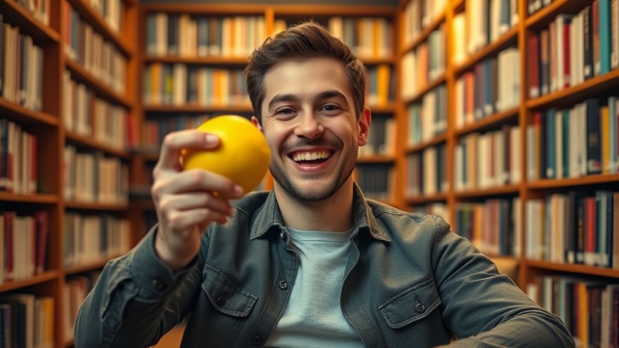 Cheerful man with a lemon in a library, boost your testosterone levels concept.