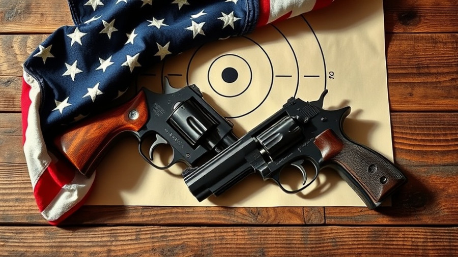Classic American pistols over target and flag, greatest American guns setting.