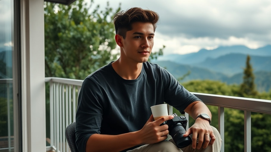 Young man enjoying coffee on a resort balcony with lush forest views